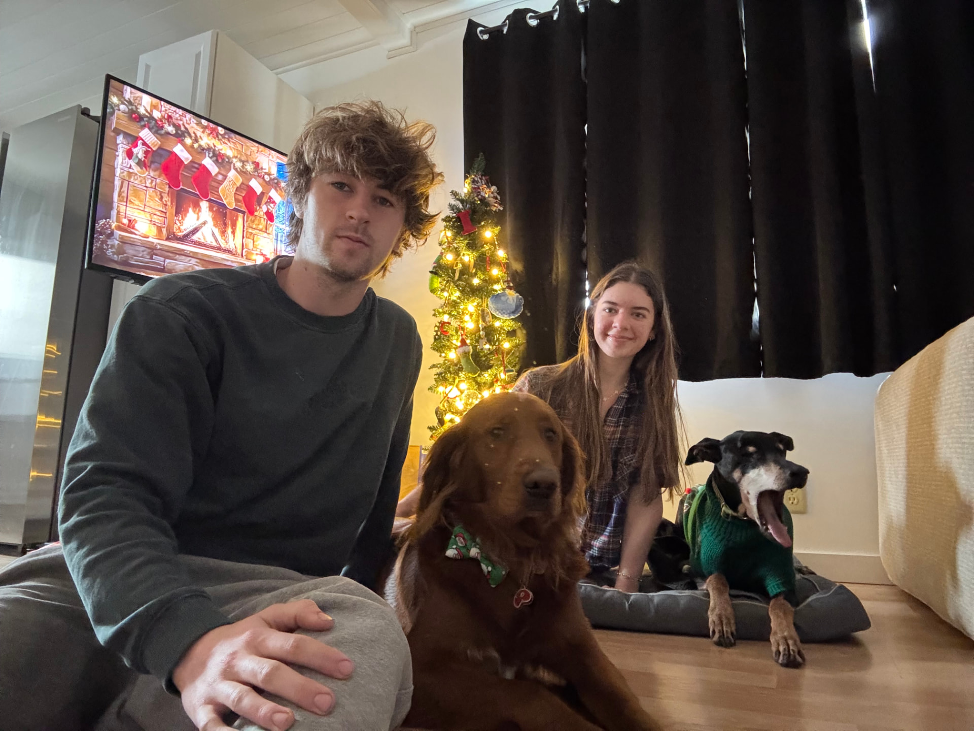 Cole and Rylee at home with their dogs, including their puppy Marlin