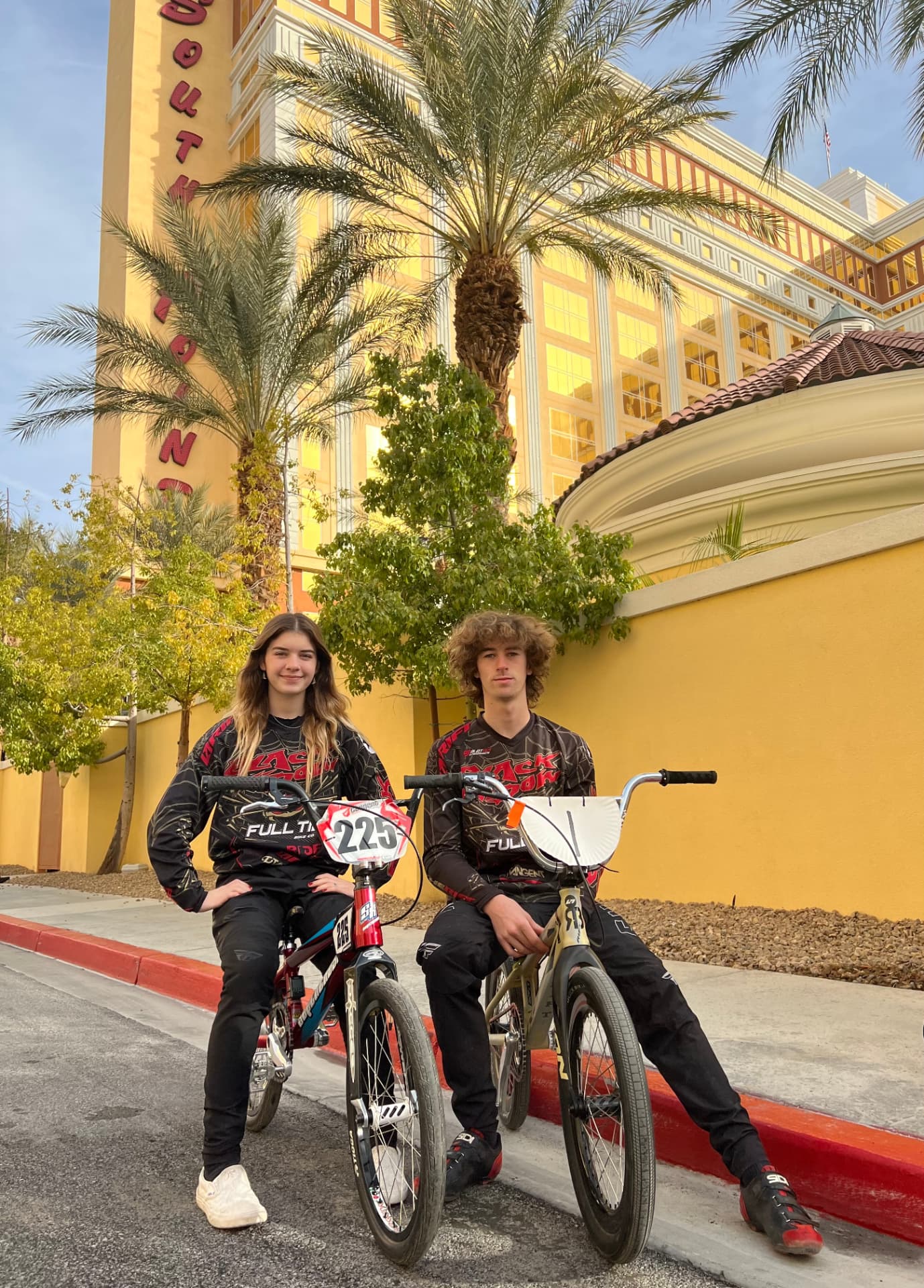 Cole and Rylee with their race bikes in Las Vegas